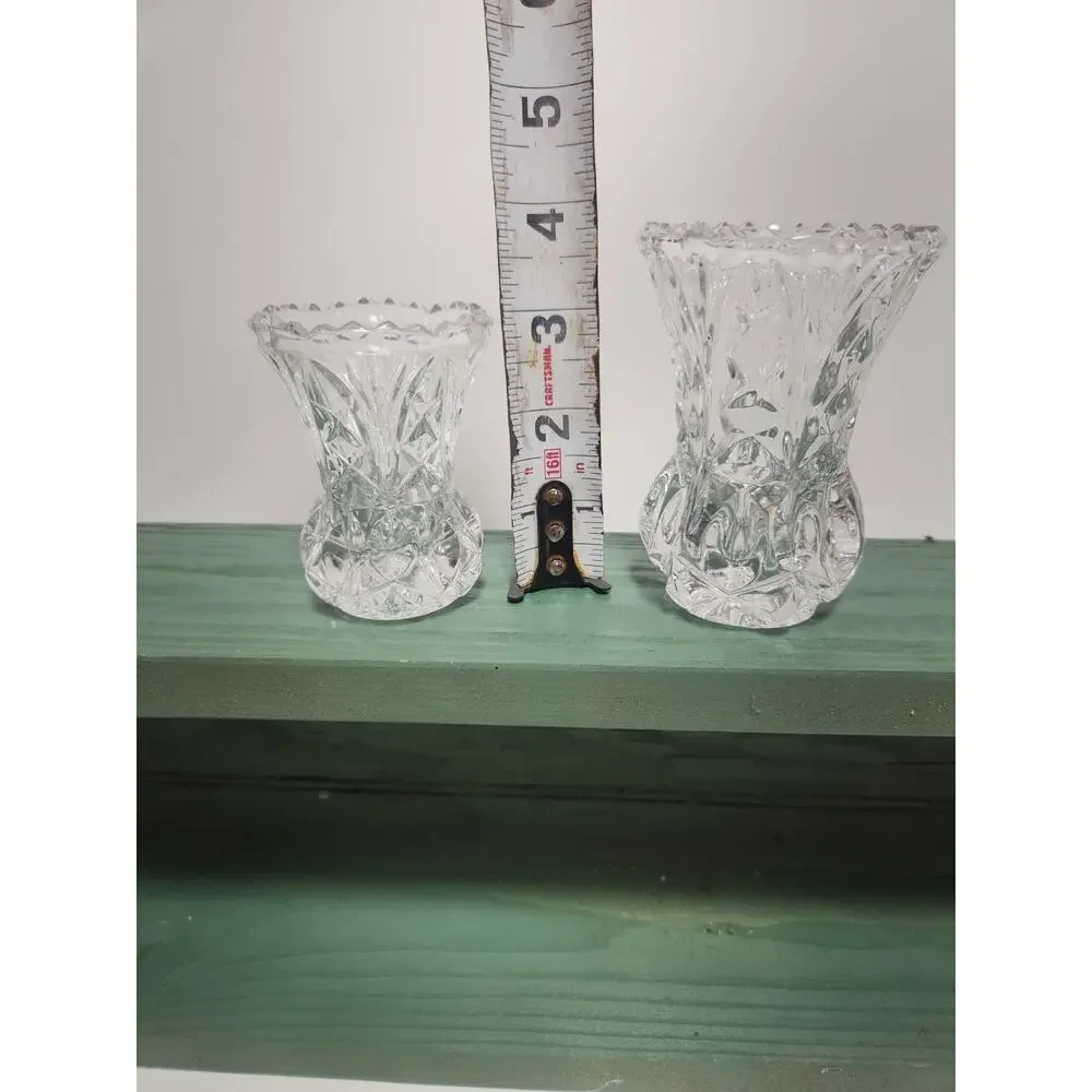 Vintage Clear Pressed Glass Bud Vases Set of 2 Scalloped Rim Diamond Starburst
